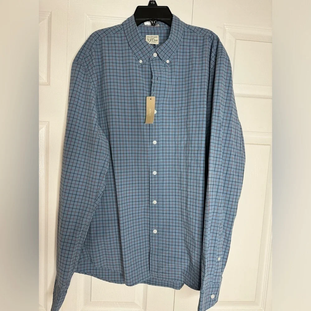 NWT J Crew Men Secret Wash Shirt Mens XL Blue Checkered Stretch Gingham